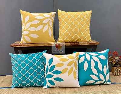 Yellow Blue Leaf Canvas Cotton Cushion Cover